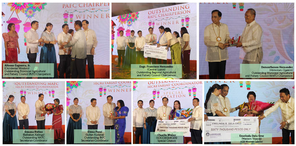 Secretary Dar leads the awarding of the plaque and cheque to the Outstanding AFC Chairpersons, Secretariat-Coordinators, and ASB Women Leader winners. With him are PCAF OIC Executive Director Liza Battad and Usec. for Operations Ariel Cayanan. 